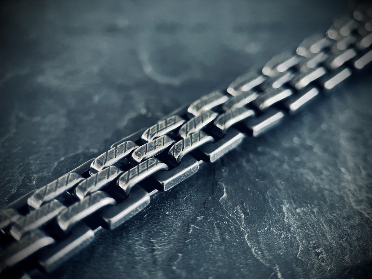 Brutalist Oxidised Stainless Steel Wide Thick Boxy Chunky Heavy Link Chain Bracelet - Mens