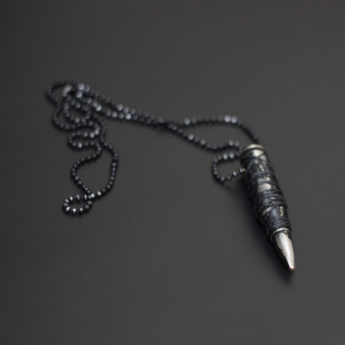 Heavily Distressed Deactivated Matte Black & Silver Cord Wrapped Rifle Bullet Pendant with Matching Necklace / Rustic / Unique / Accessories