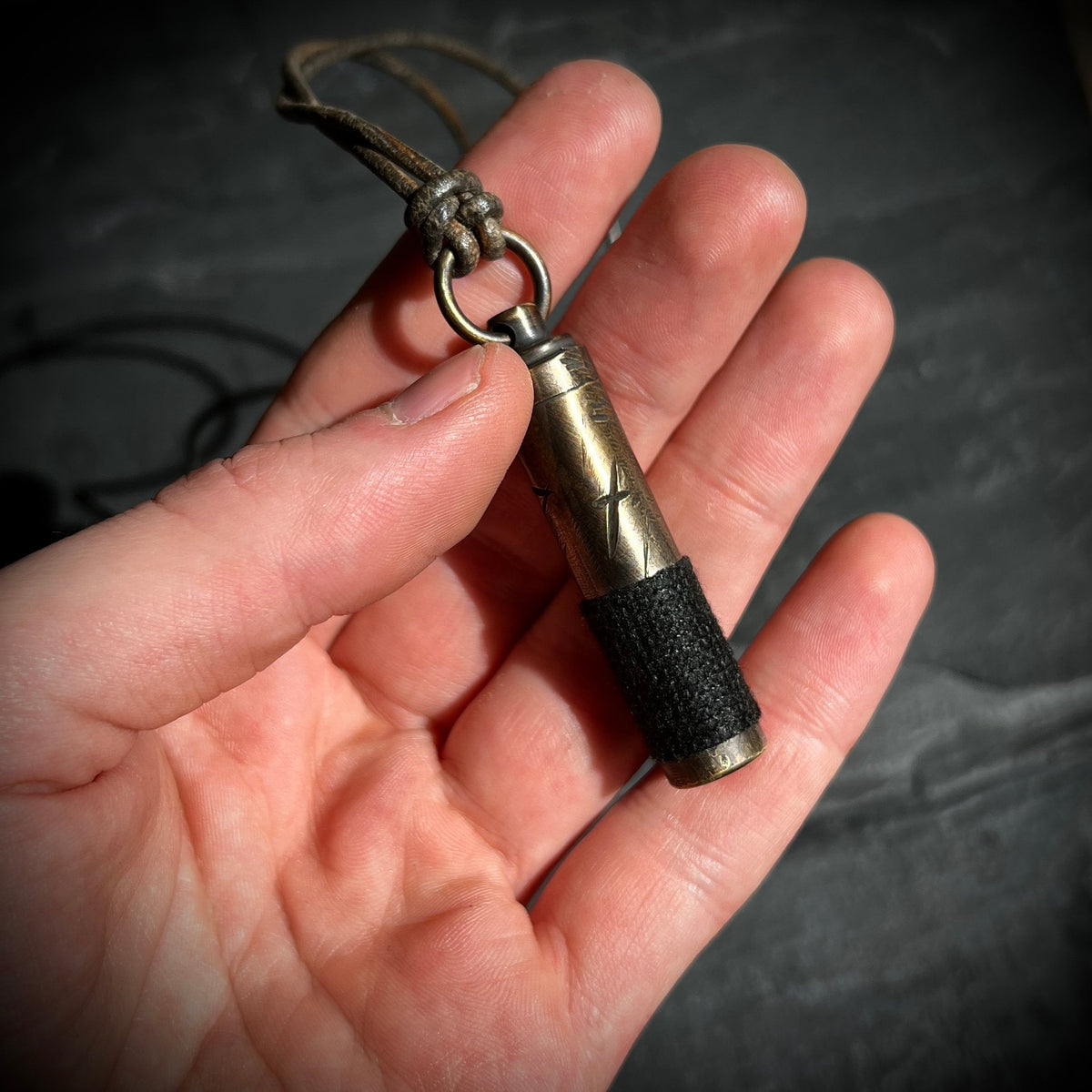 Rustic Style Etched Brass Secret Stash Bullet Vial Capsule Pendant & Leather Lace Cord Necklace