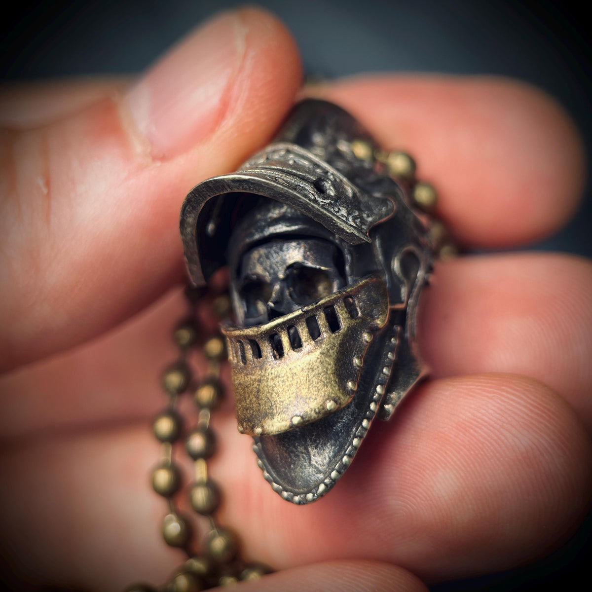 Ornate Highly Detailed Carved Distressed Aged White Brass Templar Knight Helmet Skull Pendant Necklace