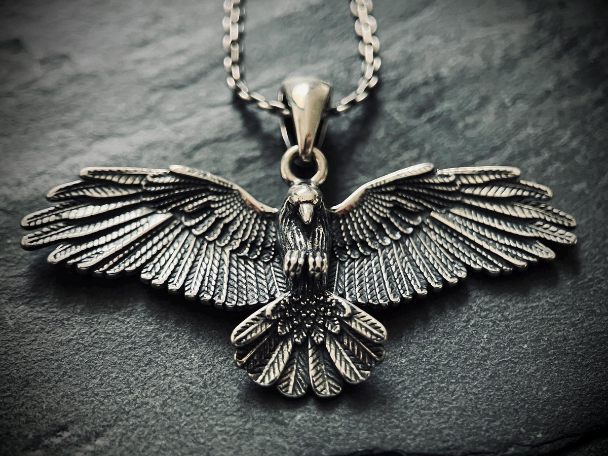 Oxidised Rustic Blackened 925 Solid Sterling Silver Crow Bird Pendant & Cable Chain Necklace