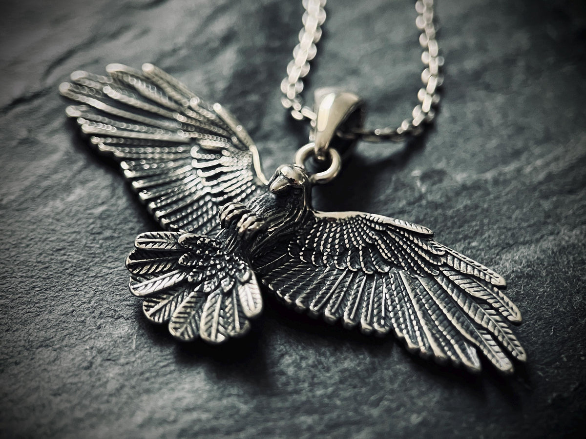 Oxidised Rustic Blackened 925 Solid Sterling Silver Crow Bird Pendant & Cable Chain Necklace
