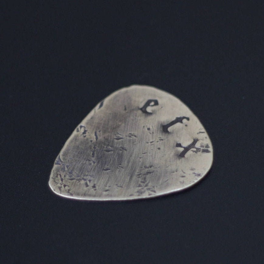 Custom Engraved Distressed Brass Guitar Pick, Old English Font