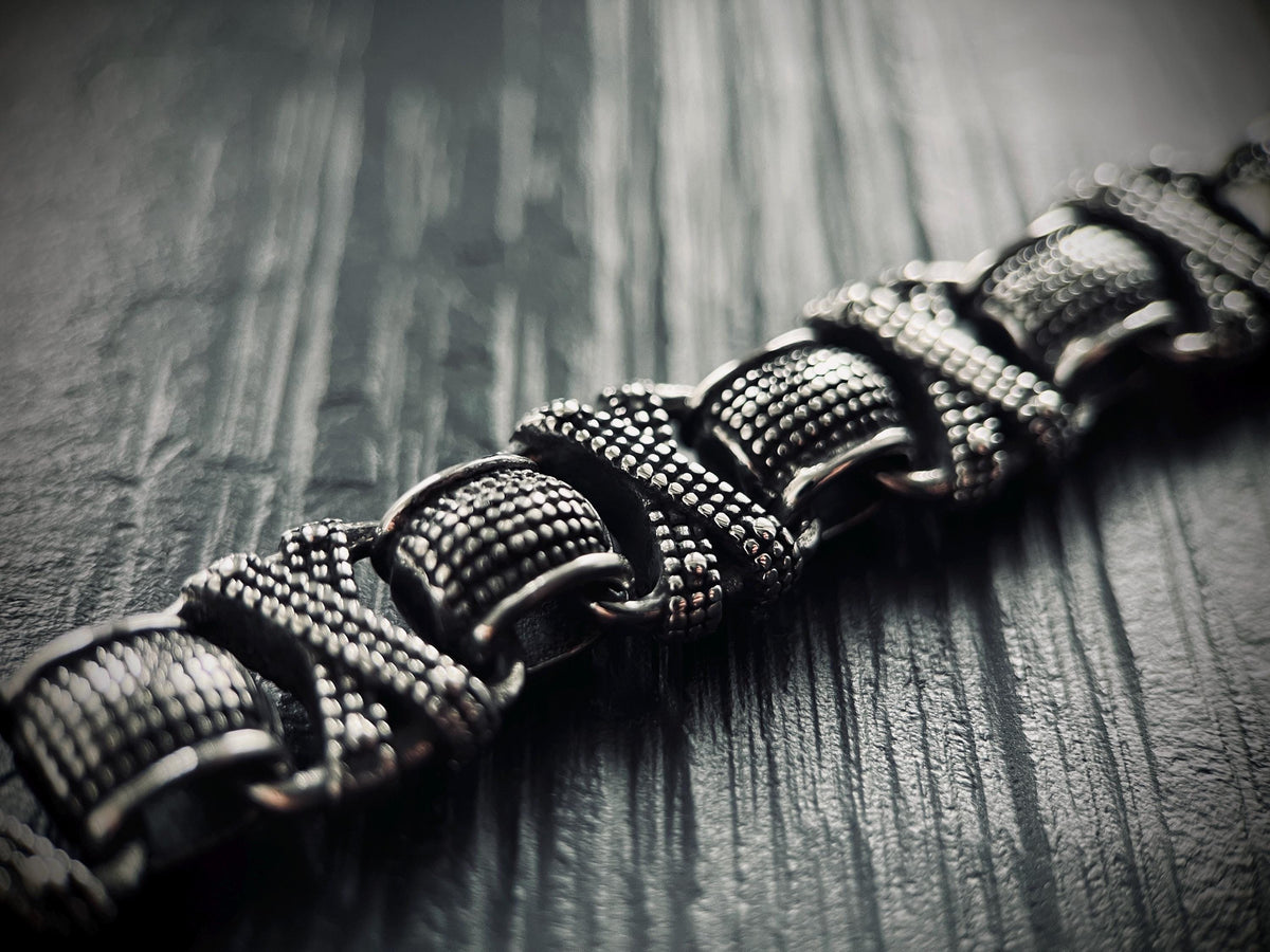 Oxidized Stainless Steel X-Link Bracelet: Chunky Rustic Mens Jewelry