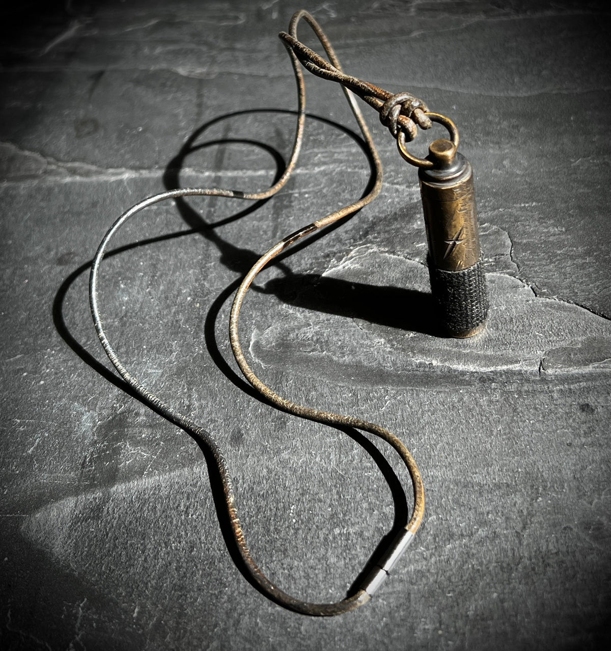 Rustic Style Etched Brass Secret Stash Bullet Vial Capsule Pendant & Leather Lace Cord Necklace