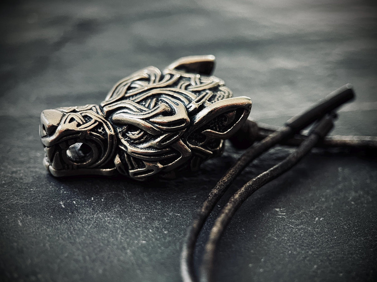Rustic Silver Stainless Steel Celtic Wolf Pendant & Black Distressed Leather Cord Necklace
