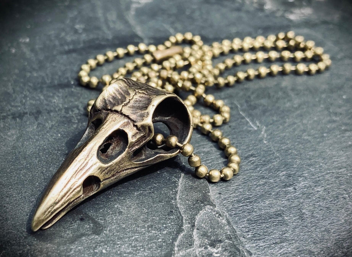 Handmade Solid Brass Distressed Crow / Raven Bird Skull Pendant with Matching Ball Chain Necklace