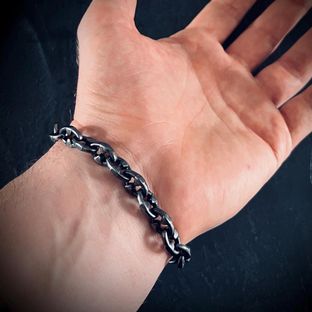 Rustic Chunky Distressed Blackened Stainless Steel Thorn Link Chain Bracelet