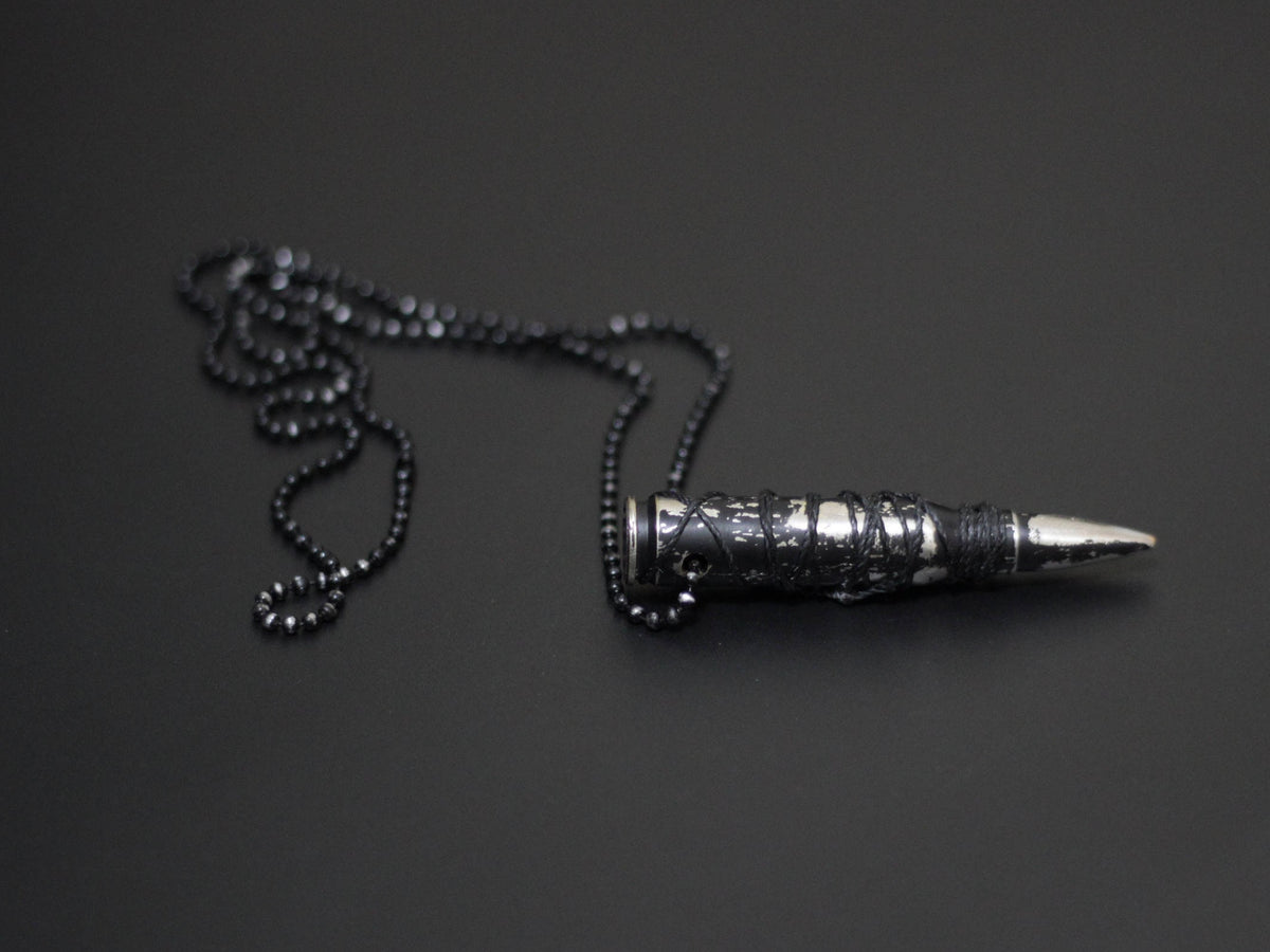 Heavily Distressed Deactivated Matte Black & Silver Cord Wrapped Rifle Bullet Pendant with Matching Necklace / Rustic / Unique / Accessories