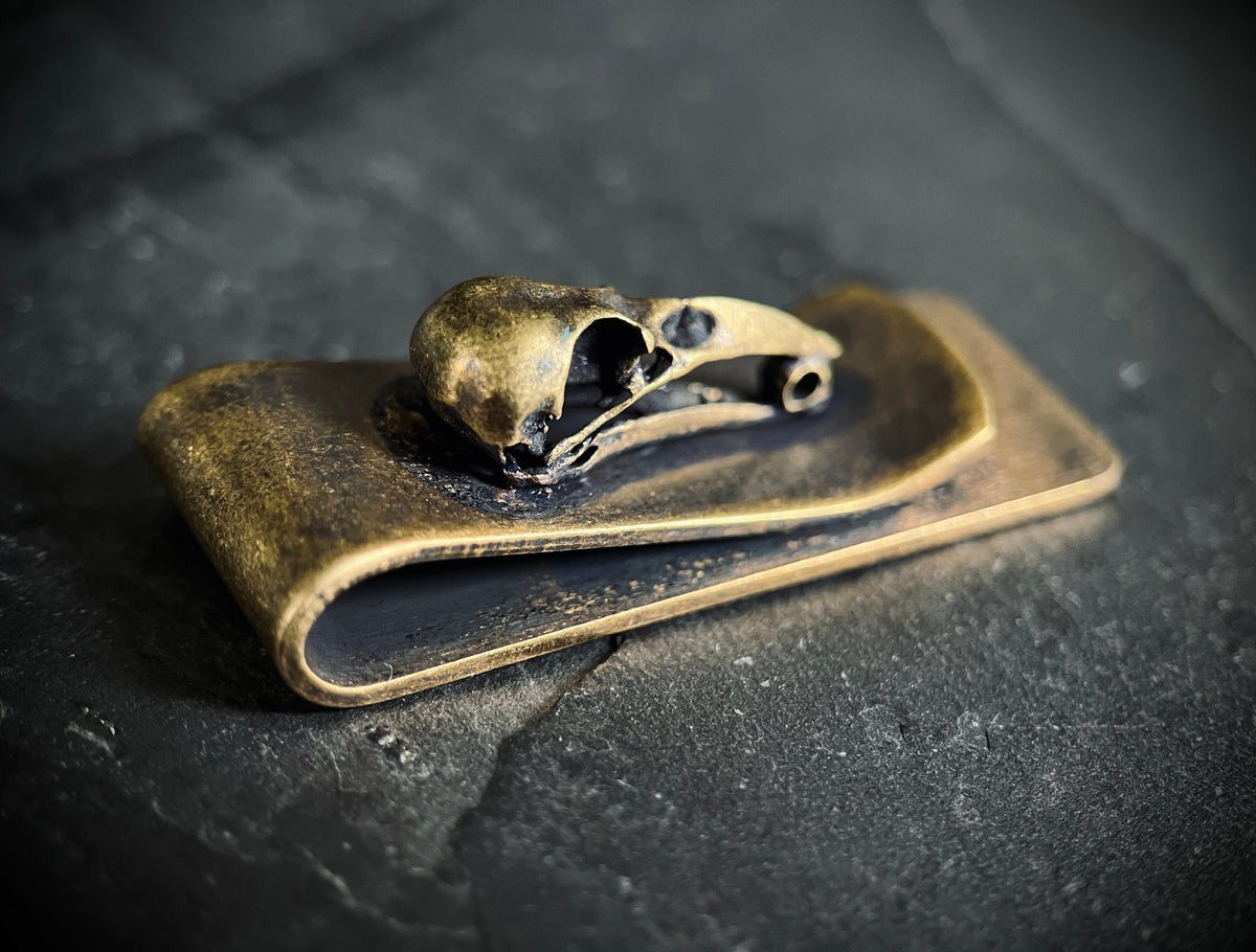 Vintage Distressed Style Solid Brass Crow Bird Skull Money Clip Holder / Wallet