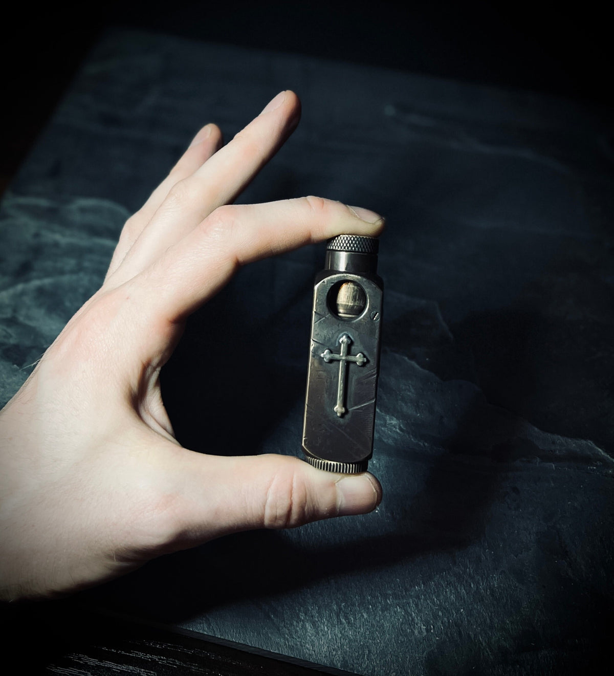 Distressed Vintage Style Dark Patina Solid Brass Heavy Metal Trench Art War Lighter with Cross Crucifix Emblem / EDC Gear / Everyday Carry