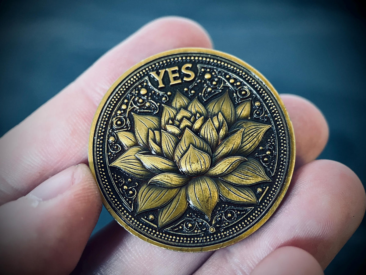 Ornate Brass Decision Coin | Lotus & Phoenix, Yes No Fidget