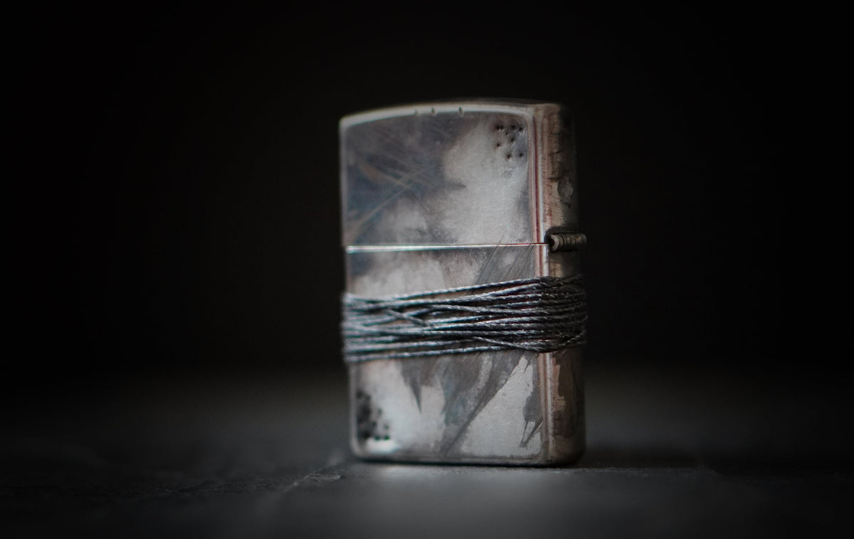 Heavily Distressed Oxidised Battle Damaged Vintage Style Silver Chrome Custom Zippo Lighter with Rope Grip / EDC / Everyday Carry