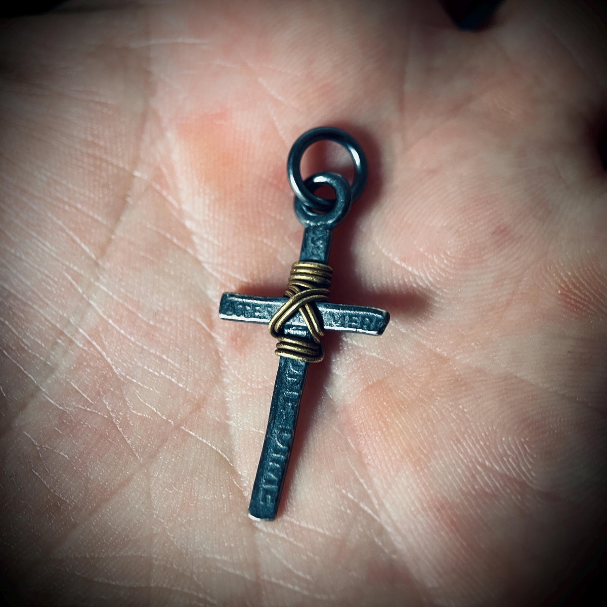 Distressed & Oxidised 925 Solid Sterling Silver Dainty Small Rustic Cross Crucifix Pendant with Brass Rope Wrapping | Minimalist | Plain