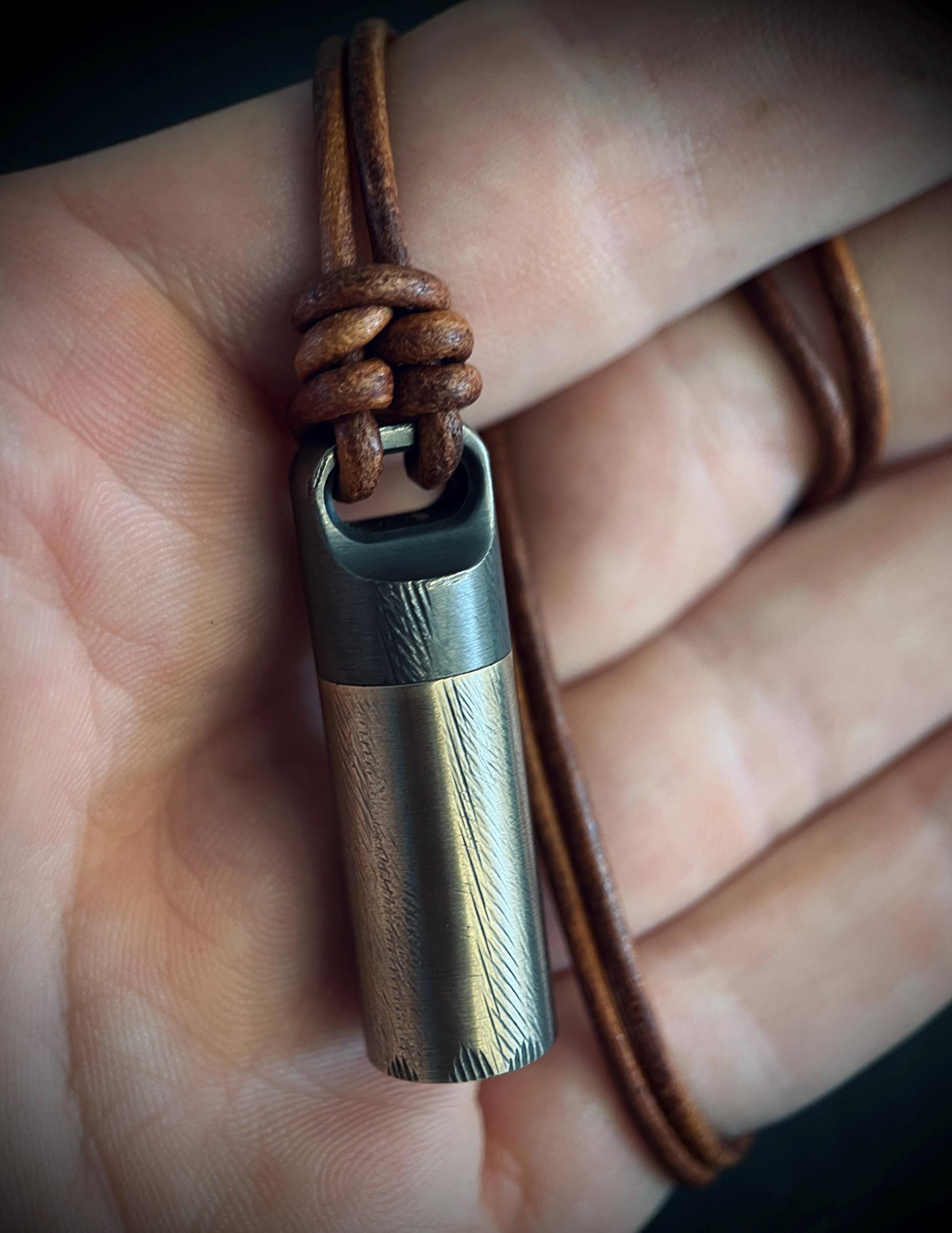 Handmade Brass Vial Capsule Pendant: Rustic 2-Tone Cremation Keepsake with Brown Leather Cord Necklace