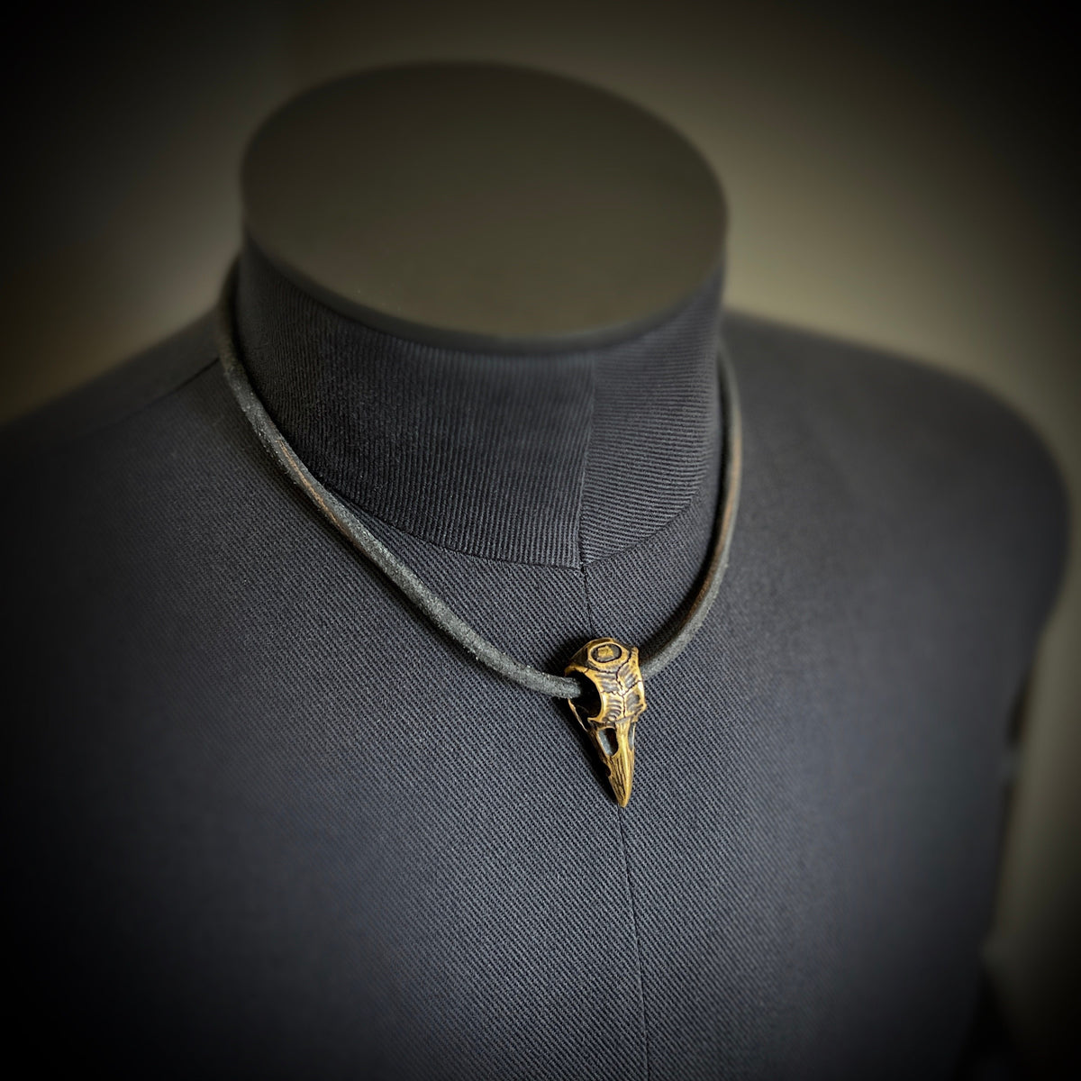 Rustic Oxidised Distressed Brass Crow Skull Pendant with Leather Cord Choker Necklace