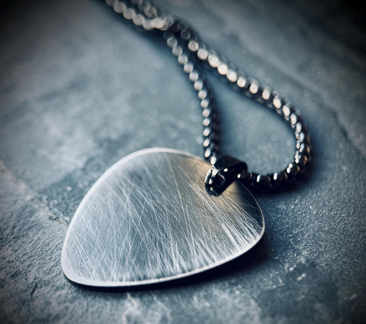 Minimalist Simple Brushed Stainless Steel Matte Black & Silver Guitar Pick Pendant with Matching Ball Chain Necklace / Guitarist / Musician