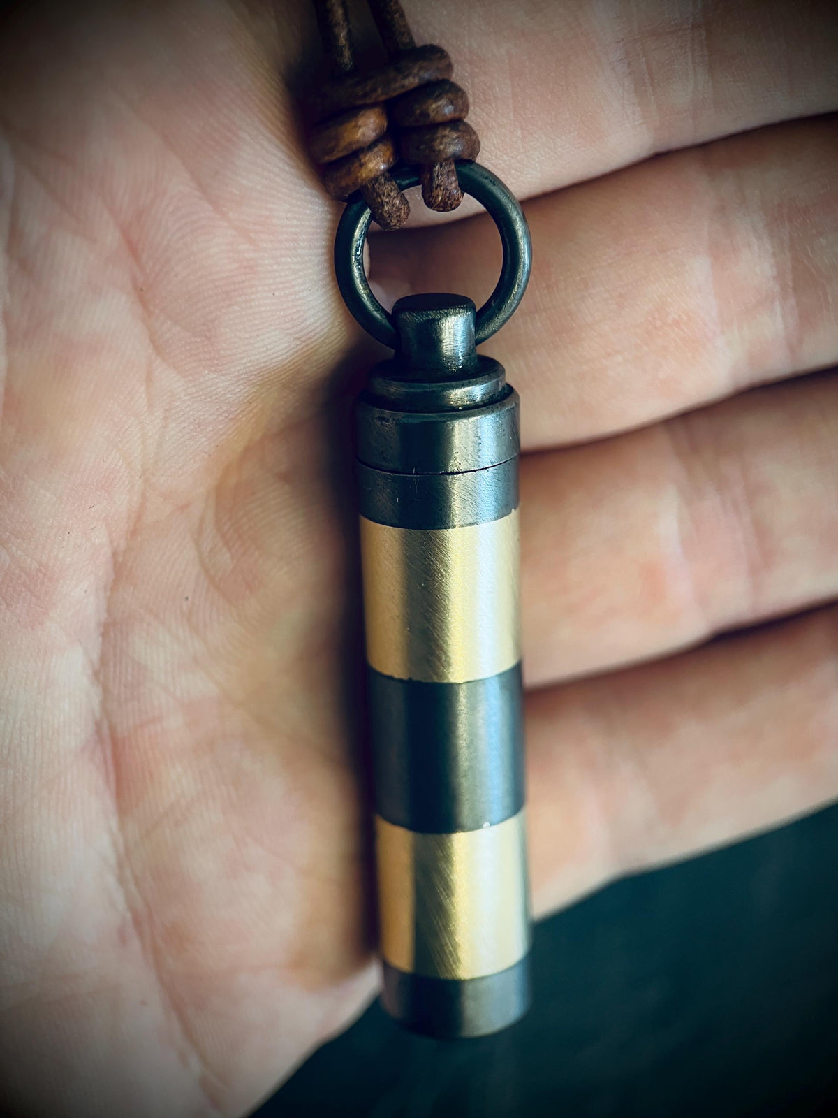Handmade Striped 2-Tone Brass Cremation Capsule Pendant: Rustic Keepsake Stash Necklace & Brown Leather Cord