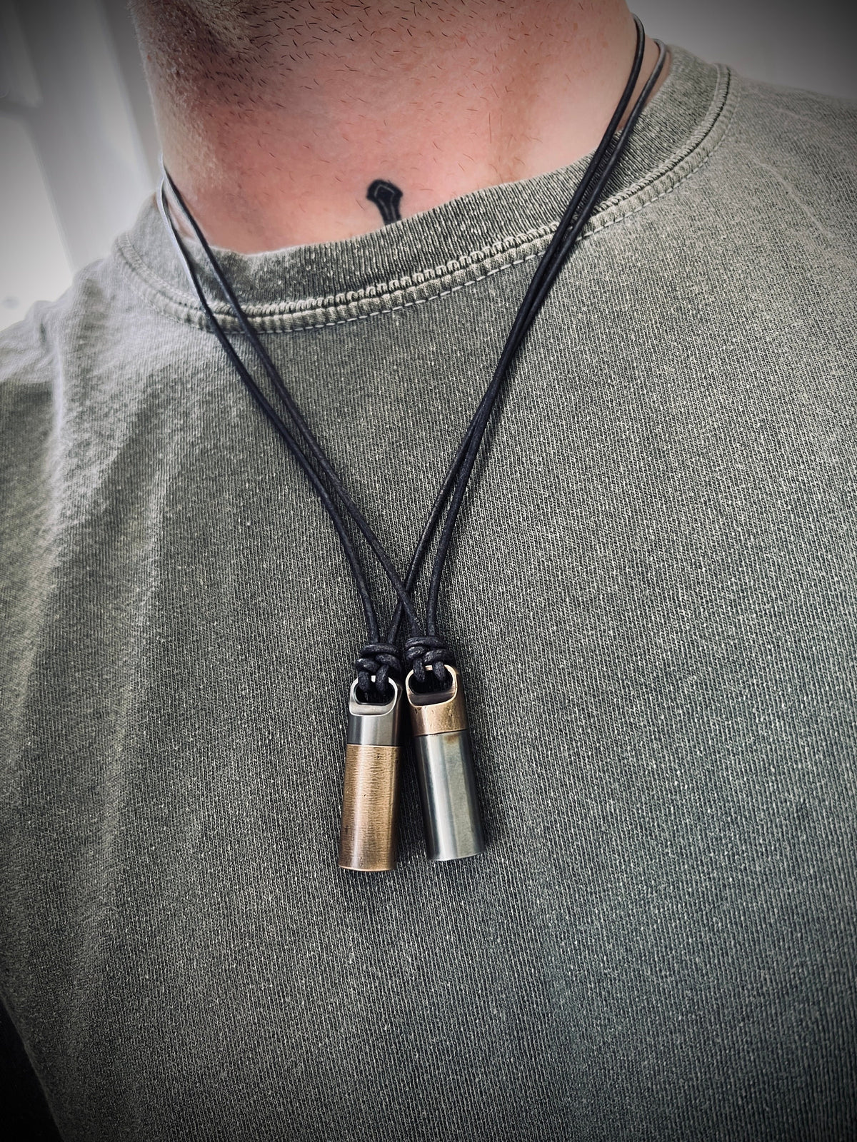 Two-Tone Brass & Stainless Steel Keepsake Necklace: Matching Pair of Stash Capsule Pendants / Couples / Friends
