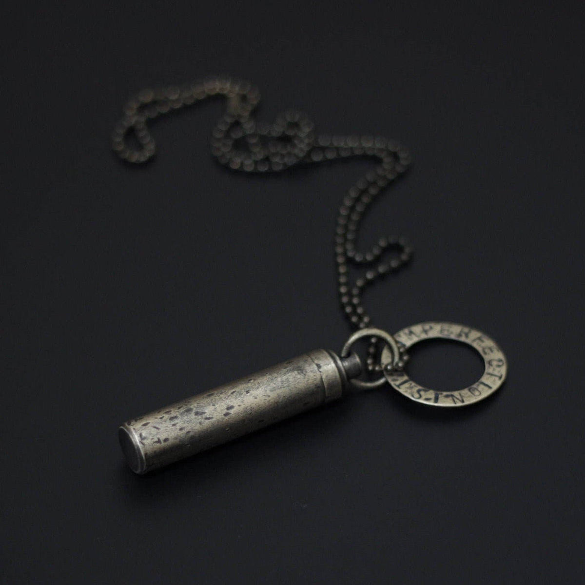 Personalized / Personalised Vintage Style Distressed Brass Secret Stash Vial Bullet Capsule Pendant with Engraved Custom Dog Tag Necklace