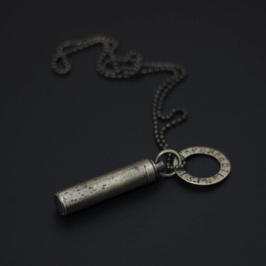 Personalized / Personalised Vintage Style Distressed Brass Secret Stash Vial Bullet Capsule Pendant with Engraved Custom Dog Tag Necklace