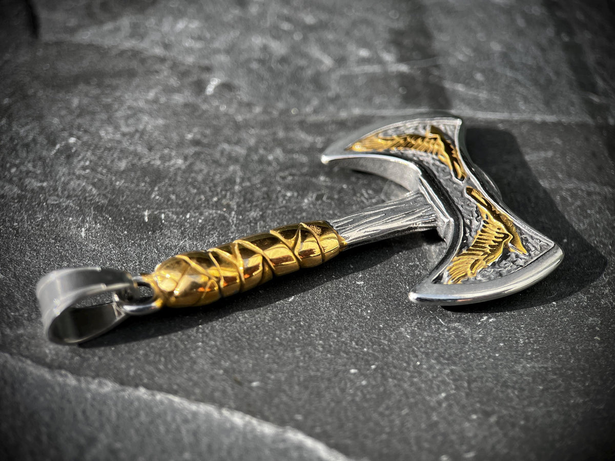 Rustic Distressed Stainless Steel Silver & Gold Large Viking Axe Charm Pendant