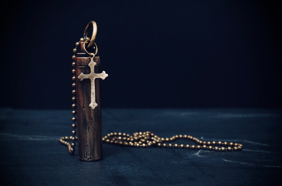 Brass Capsule Pendant: Distressed Vial Necklace with Cross Charm