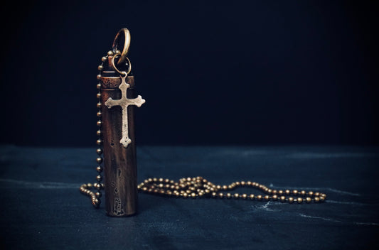 Brass Capsule Pendant: Distressed Vial Necklace with Cross Charm