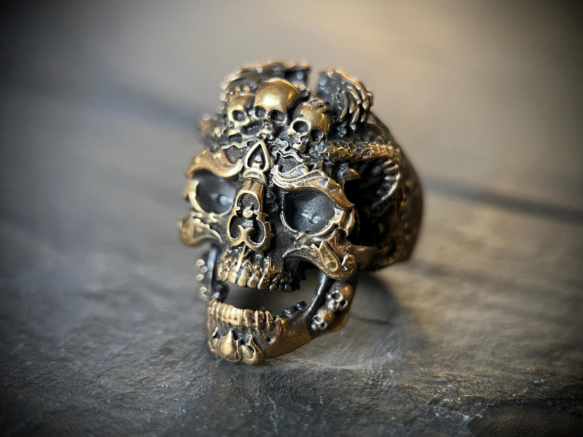 24ct Gold Plated Detailed Oxidised Dragon Skull Ring with Ornate Carvings