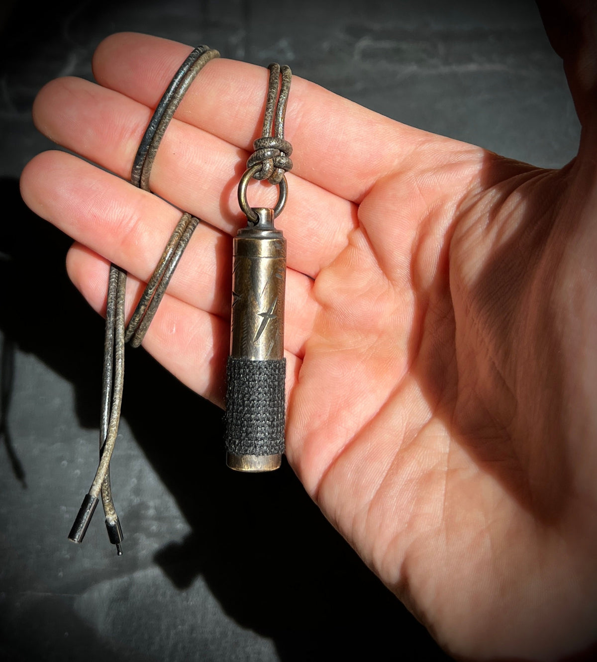 Rustic Style Etched Brass Secret Stash Bullet Vial Capsule Pendant & Leather Lace Cord Necklace