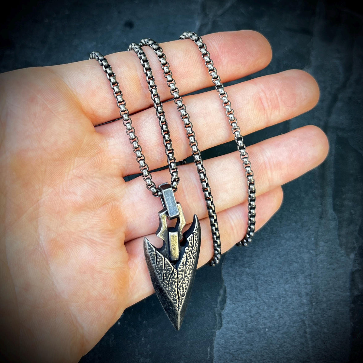 Rustic Solid Stainless Steel Blackened Silver Arrowhead Pendant & 24" Inch Matching Necklace – Oxidised and Distressed