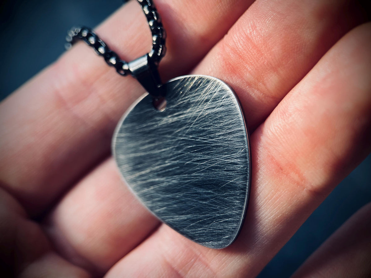 Minimalist Simple Brushed Stainless Steel Matte Black & Silver Guitar Pick Pendant with Matching Ball Chain Necklace / Guitarist / Musician
