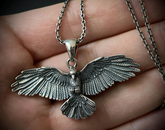 Oxidised Rustic Blackened 925 Solid Sterling Silver Crow Bird Pendant & Cable Chain Necklace