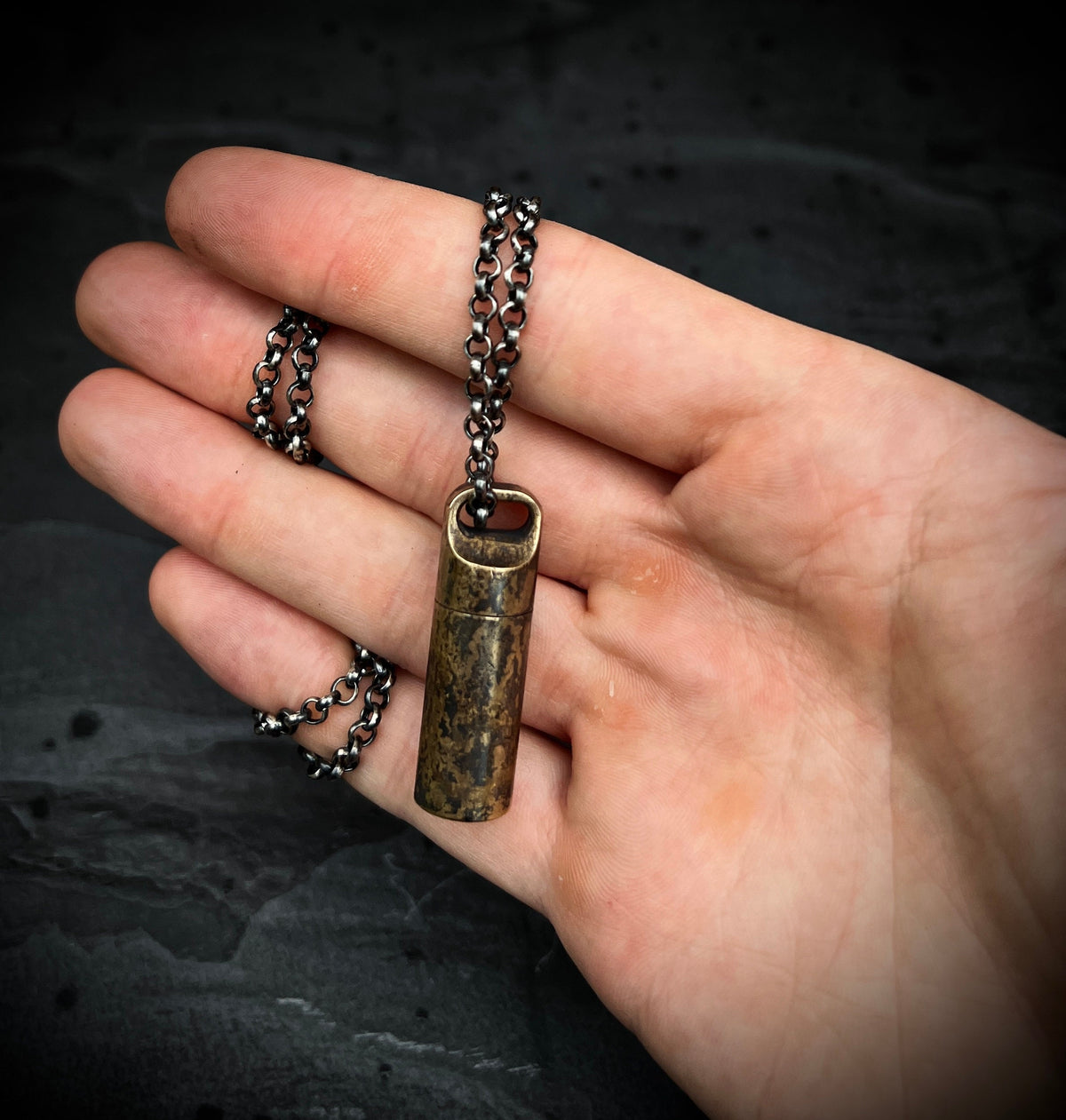 Distressed Brass Mini Shotgun Shell Stash Capsule Pendant & Sterling Silver Chain