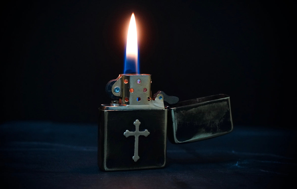 Customised Heavily Distressed & Oxidised Antique Vintage Patina Style Solid Brass Zippo Lighter with Cross Crucifix Emblem / EDC