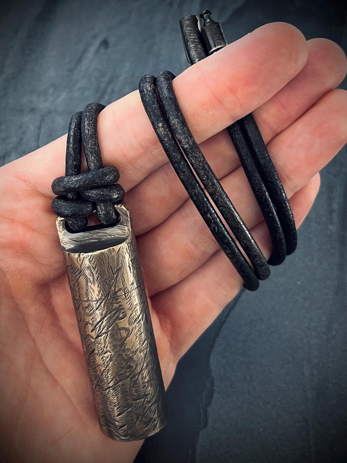 Large Rustic Brass Pill Vial Necklace: Distressed Capsule Stash Pendant with Leather Cord