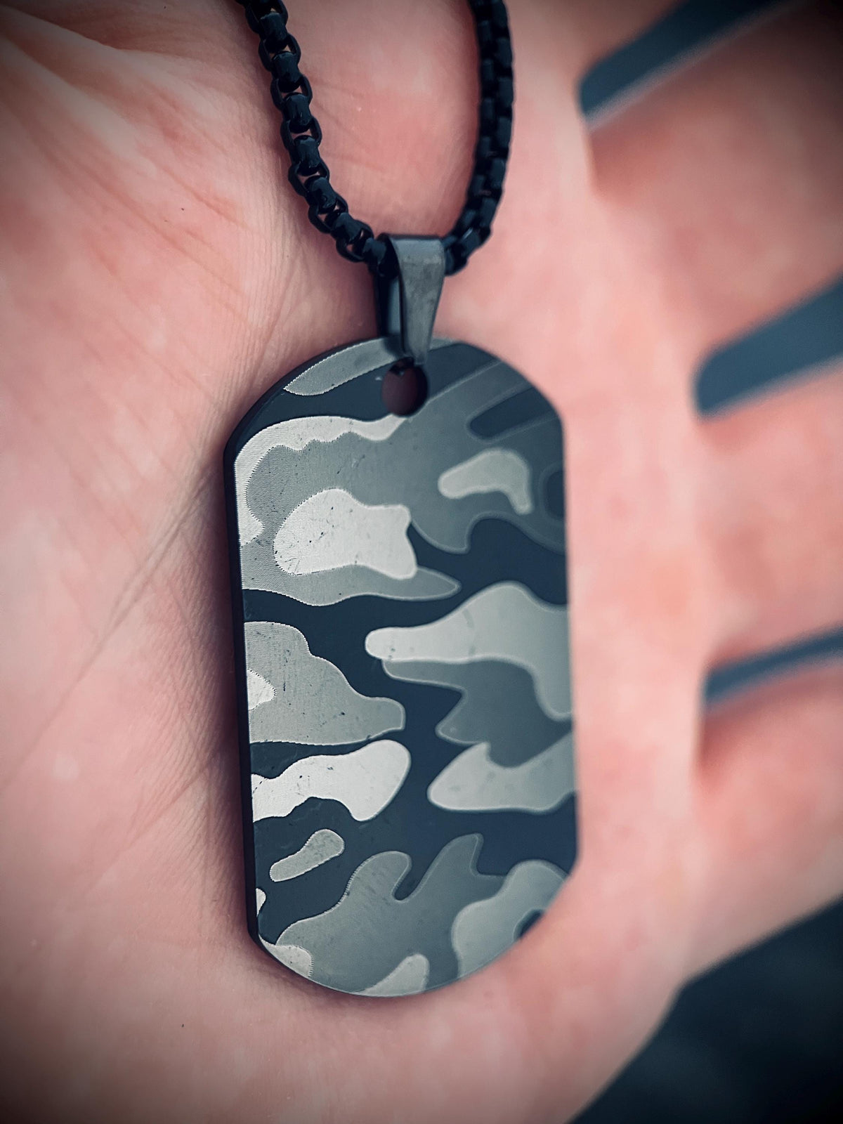 Matte Snow White Camo Dog Tag Necklace: Stainless Steel Metal Pendant with 24" Chain