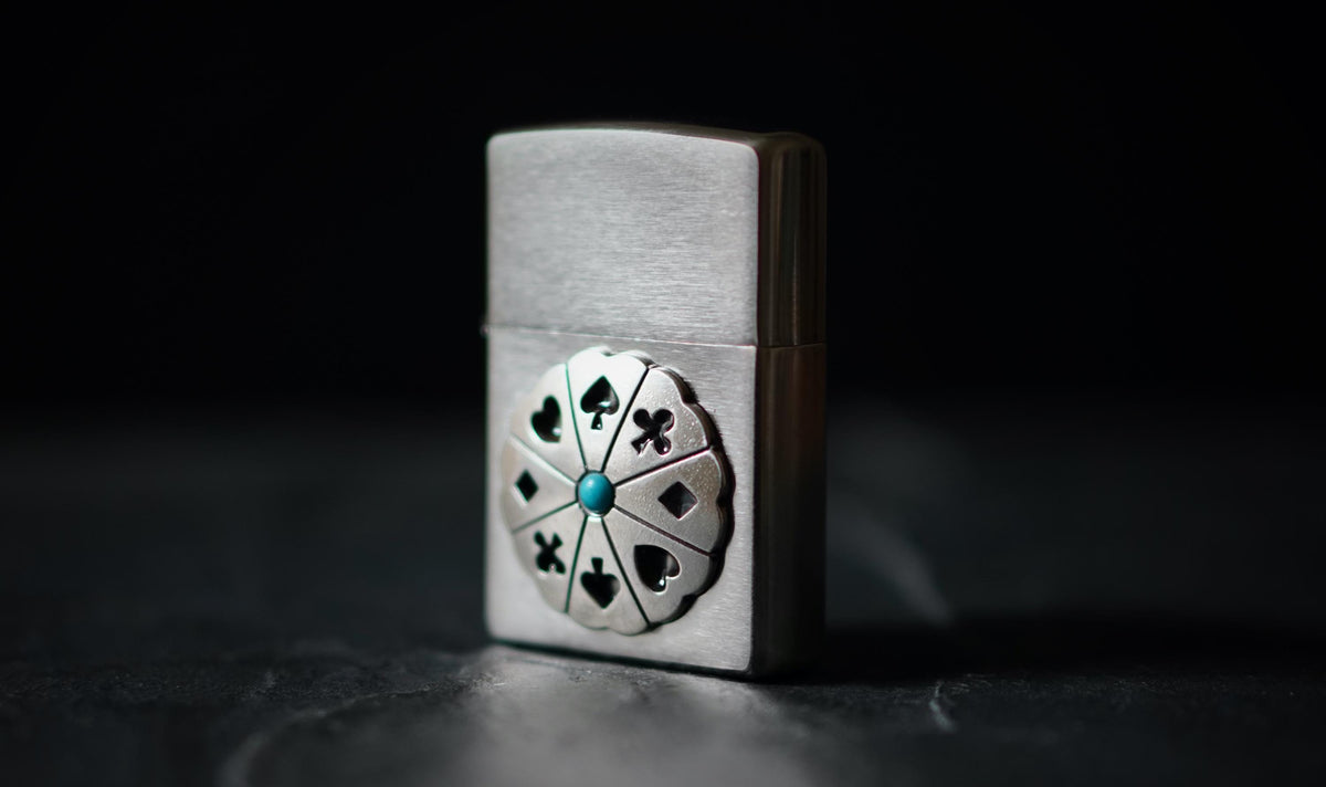 Customised Brushed Silver Chrome Zippo Lighter with Playing Card Wheel Emblem Badge