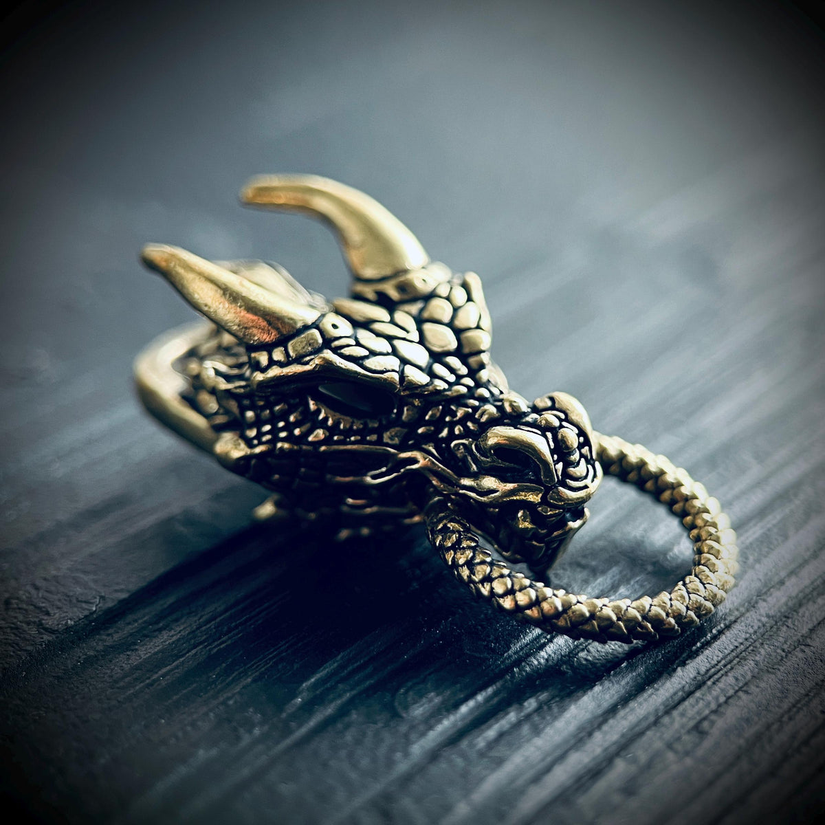Oxidised Brass Dragon Head Charm Amulet Pendant – Rustic Black & Gold Finish