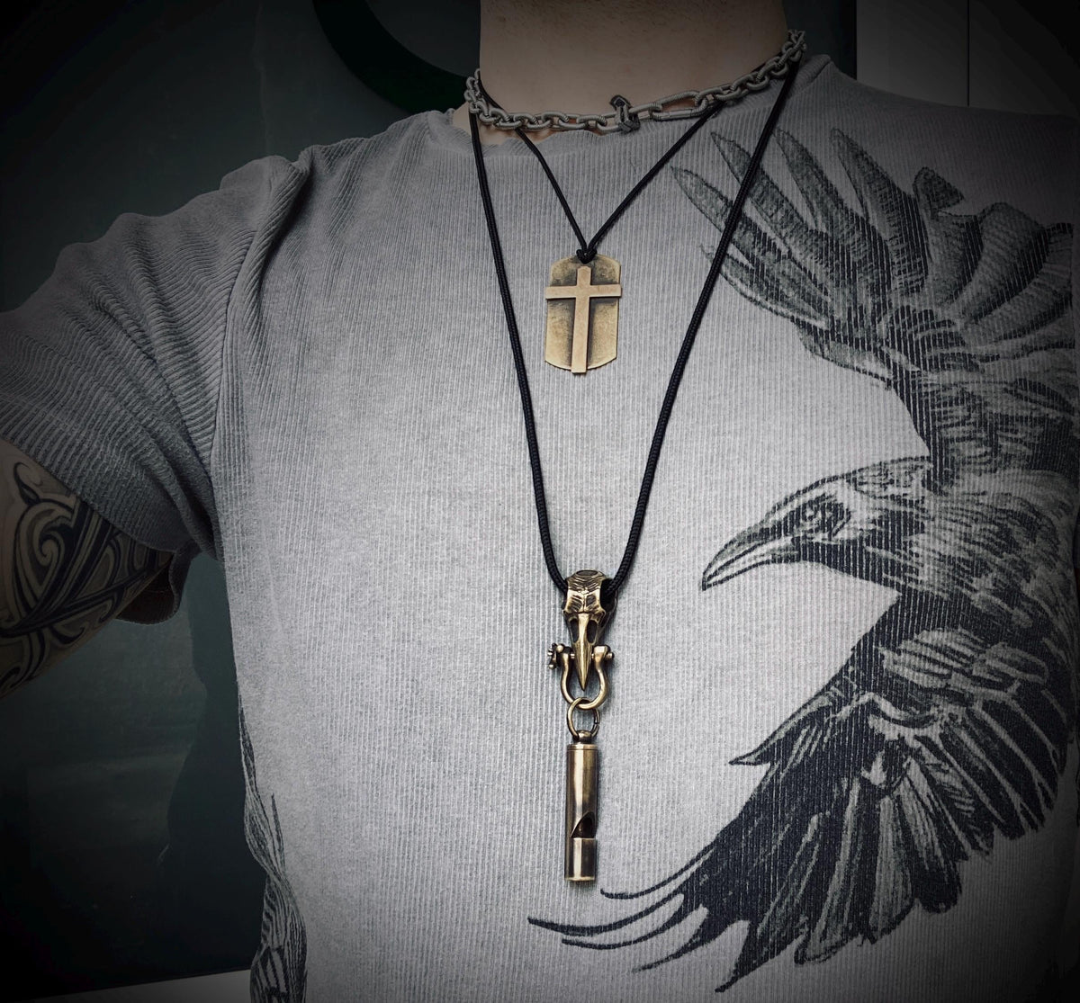 Handmade Brass Crow Skull Pendant with Whistle Attachment & Black Leather Cord Necklace