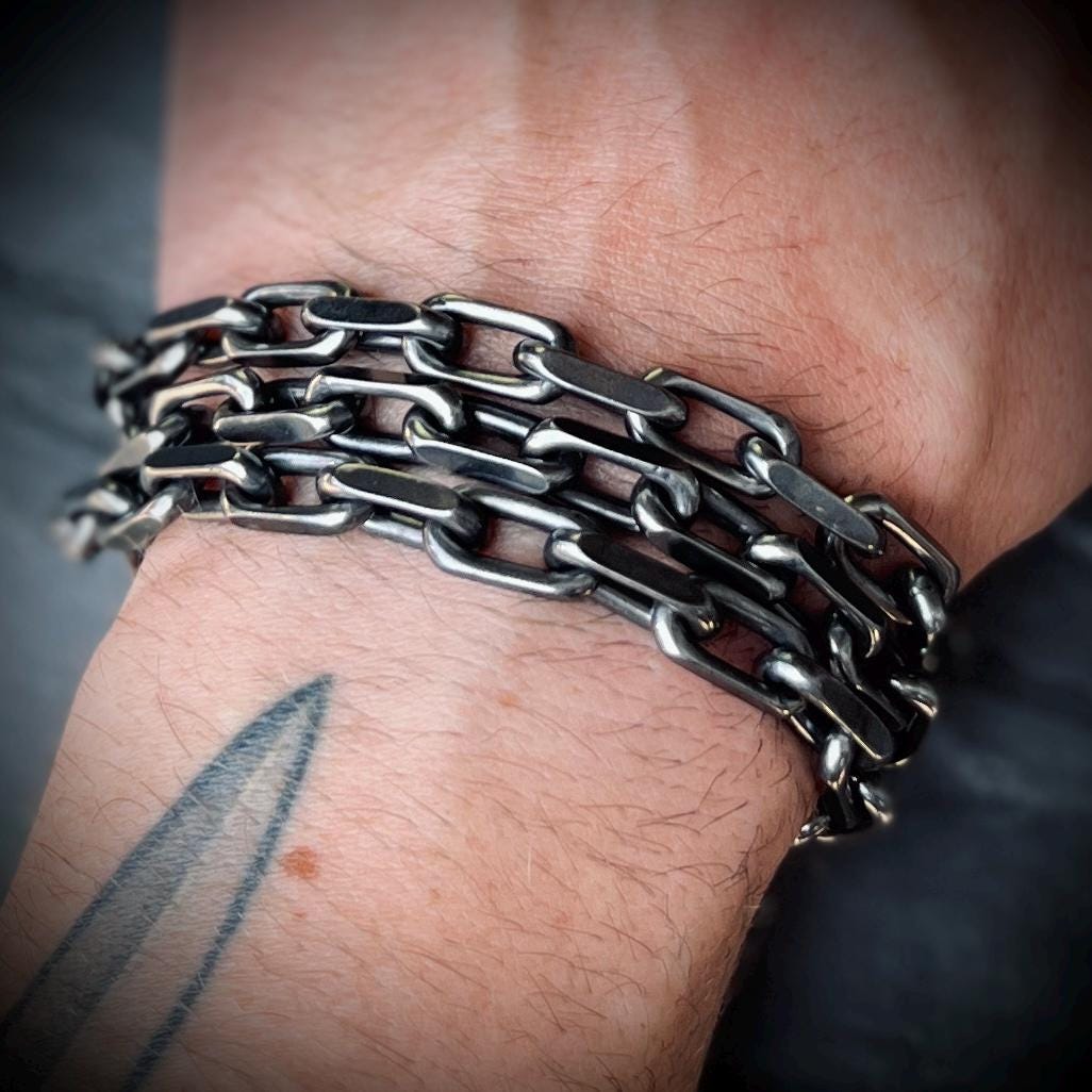 Thick Chunky Heavy Distressed Silver Stainless Steel Cable Link Boxy Chain Bracelet