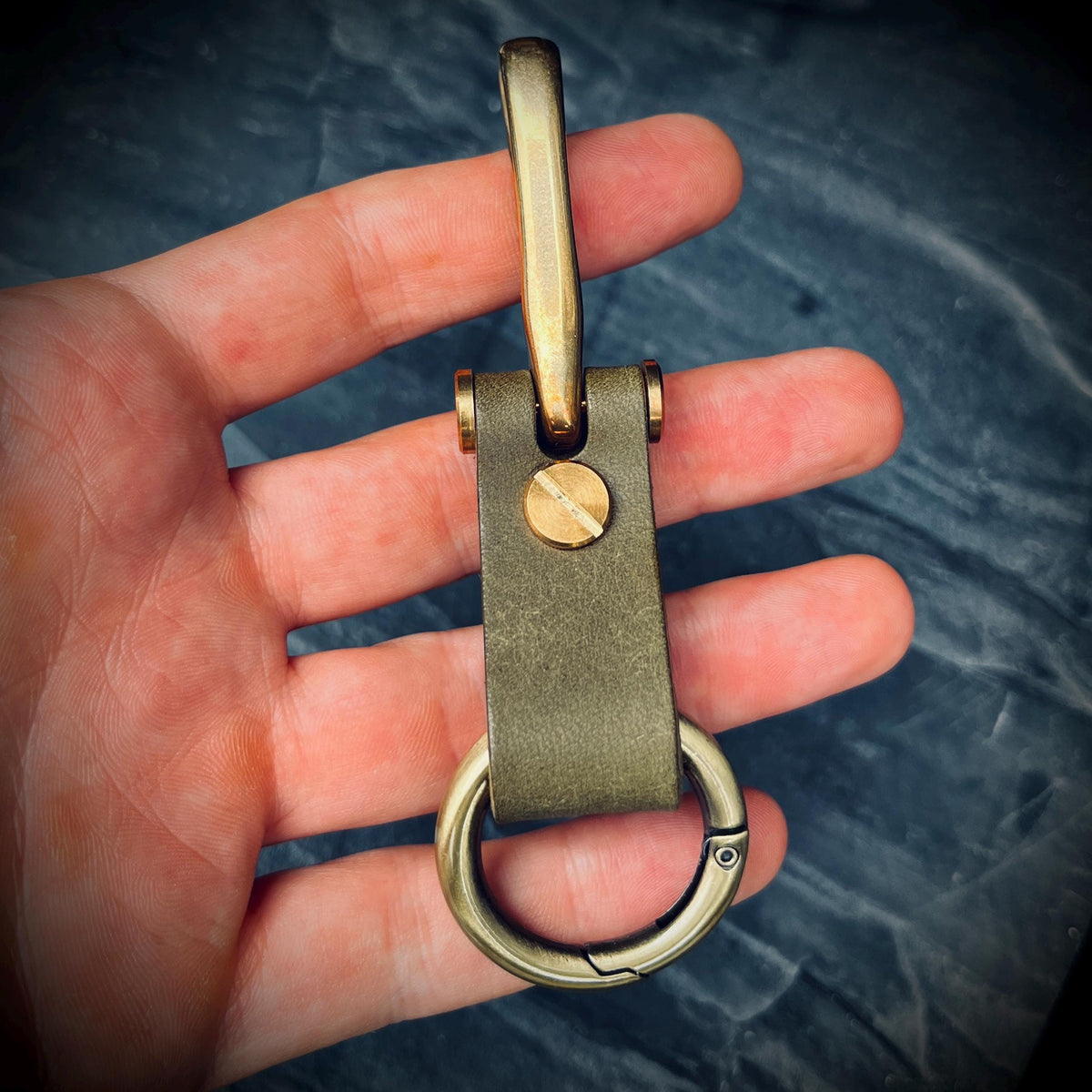 Distressed Olive Green Leather Brass Fish Hook Belt Keychain / Key Holder / Lanyard / Carabiner