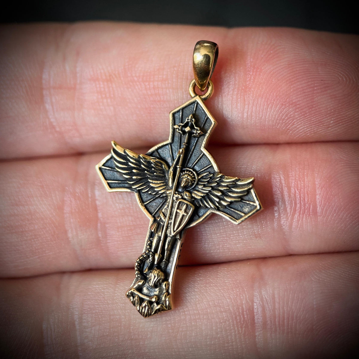 Archangel - 24ct Gold Plated Handmade Saint Michael "Protect Us" Crucifix Shield Pendant with Presentation Gift Box