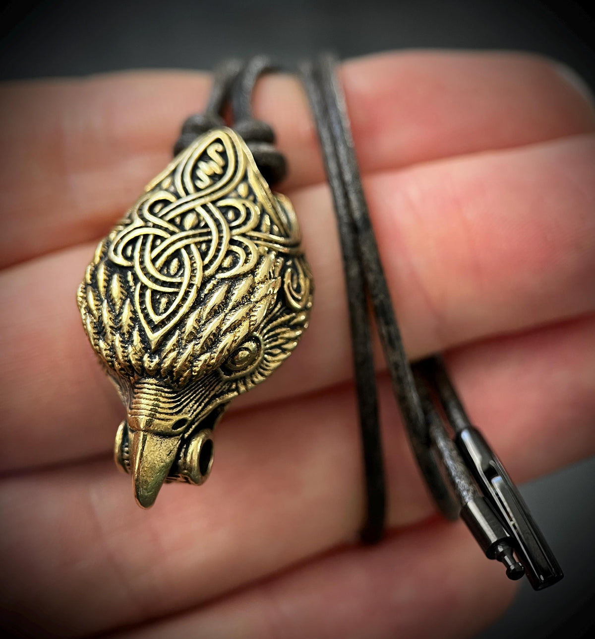 Rustic Brass Celtic Golden Eagle Bird Head Pendant & Black Distressed Leather Cord Necklace