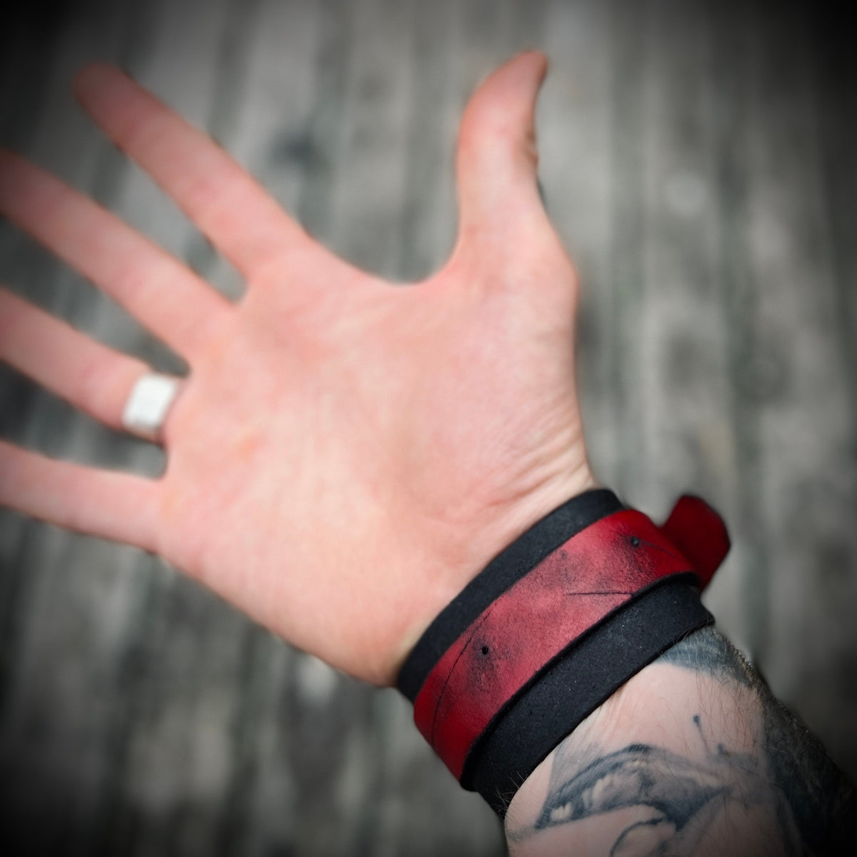Artisan Handmade Red & Black Road Worn Out Distressed Relic Leather Wristband Wrap Cuff Bracelet Accessory with Oxidised Silver Buckle Strap
