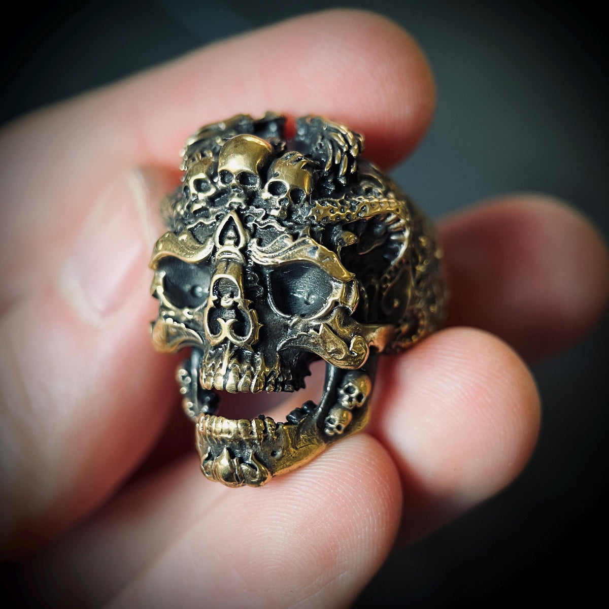 24ct Gold Plated Detailed Oxidised Dragon Skull Ring with Ornate Carvings