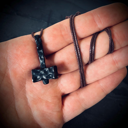 Forged Iron Thor's Hammer Necklace: Distressed Viking Mjolnir Pendant