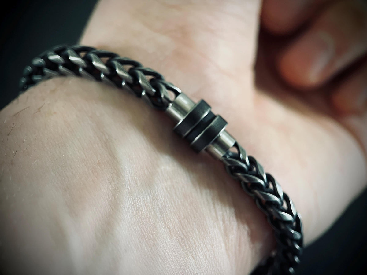 Oxidised Simple Stainless Steel Matte Blackened Silver Thick Chunky Foxtail Cable Link Chain Bracelet