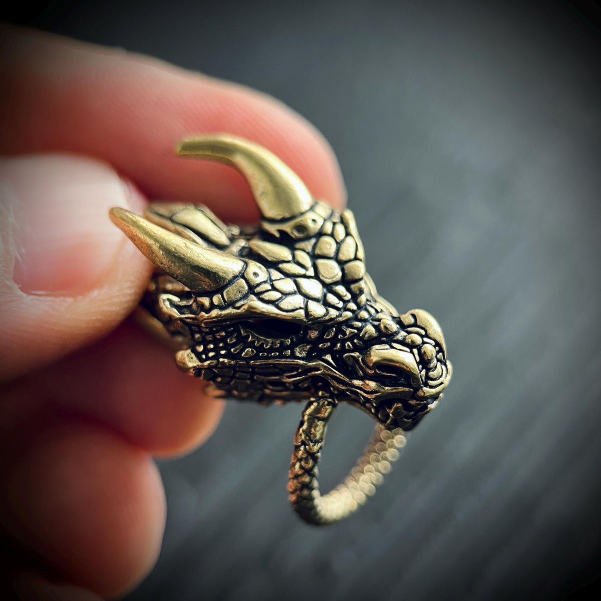 Oxidised Brass Dragon Head Charm Amulet Pendant – Rustic Black & Gold Finish