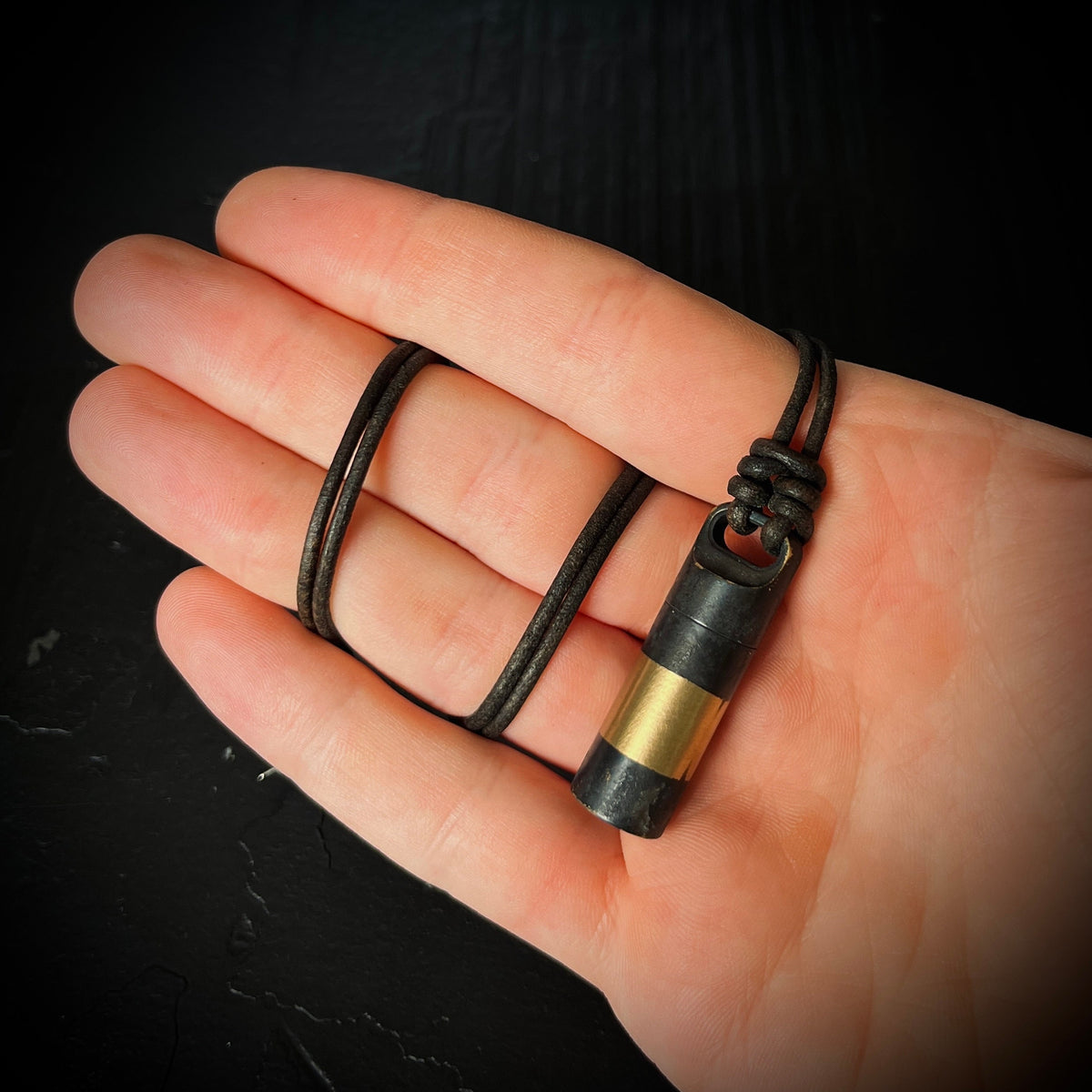 Rustic Brass 2-Tone Black & Gold Contrast Small Pill Vial Distressed Capsule Stash Urn Pendant with Leather Cord Necklace / EDC